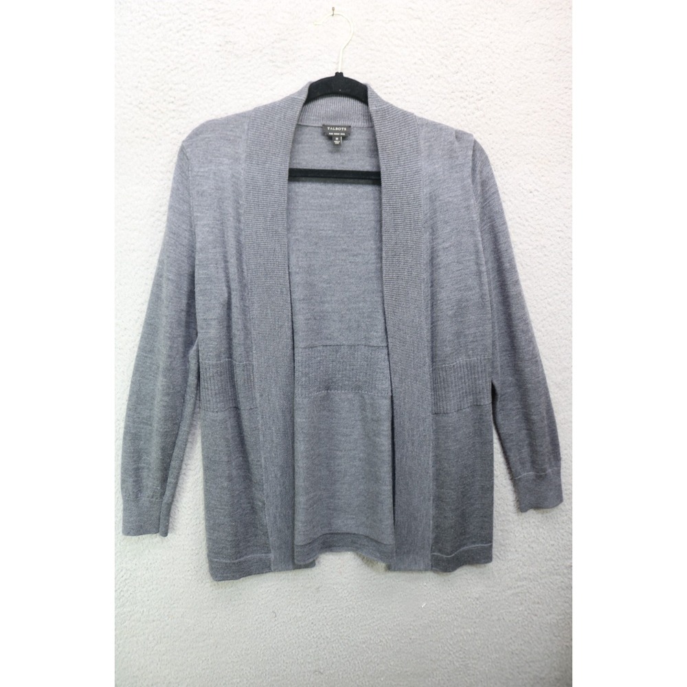 Talbots Pure Merino Wool Gray Long Sleeve Open Front Cardigan-Medium-Preppy